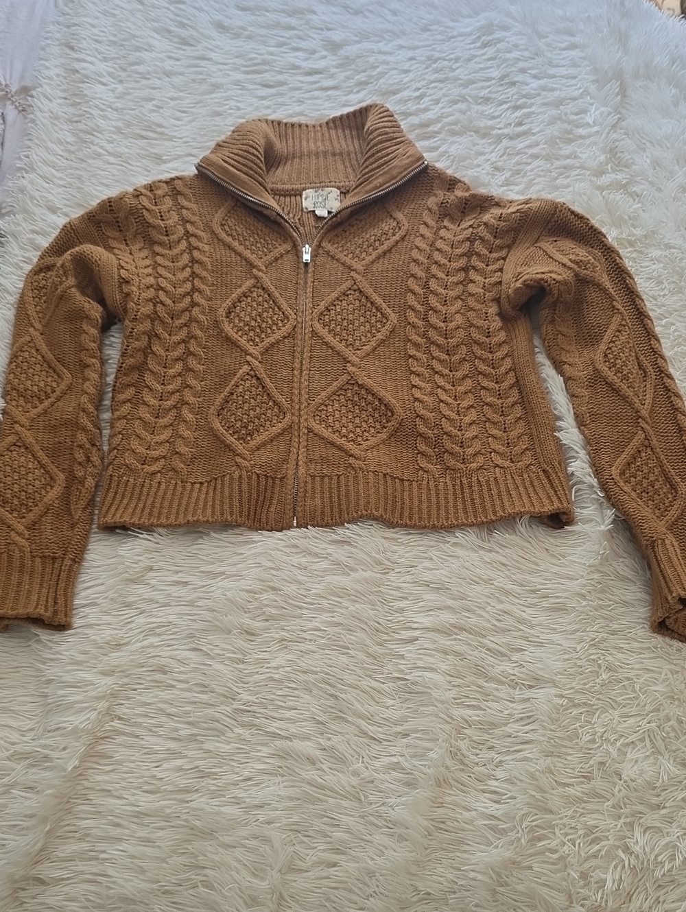 Hippie Rose Camel Cable Knit Zip-Up Turtleneck Sweater